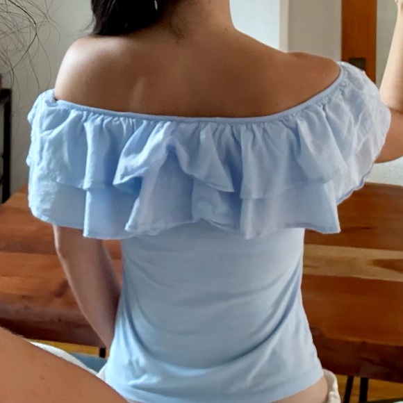 H&M Light Blue Pastel Off-Shoulder Ruffle Top – Size Small - Picture 6 of 9